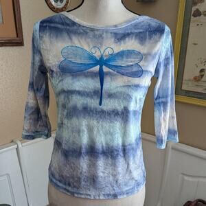 Y2K/2000s Biaggi Velvet Tie-dye Dragonfly 3/4 Sleeve Top